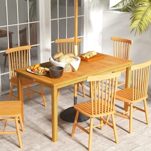 Rectangle Patio Table Acacia Wood for 6 People with Umbrella Hole - Picture 1 of 11