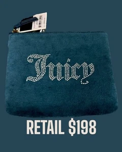 Juicy Couture 7” x 6” Wristlet Purse Teal Velvet studded Rhinestone bag $198 new - Picture 1 of 4