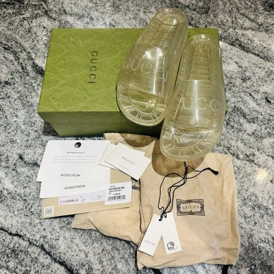 Auténticas sandalias Gucci transparentes con logotipo deslizables Gucci 8 cajas bolsa antipolvo transparente Foto 1 de 4