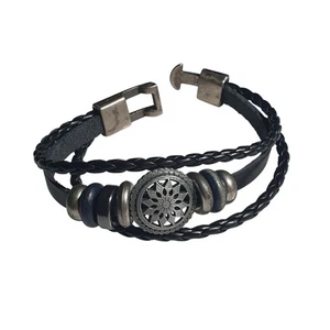 Braided Black Leather Bracelet Silver Wheel Charm Clasp Adjustable Jewelry Men - Picture 1 of 5