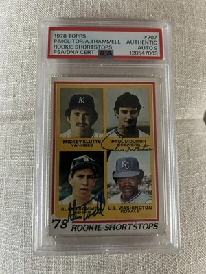 1978 Topps #707 Molitor Trammell двойная подпись PSA Auto 9 HOF RC с автографом - Изображение 1 из 2
