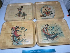 Set of 4 VTG Bamboo Serving Tray ~14x11.5" Chinese Goddesses Myths Decor Boho - Picture 1 of 3