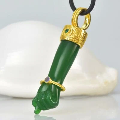 Gold Vermeil Sterling Mano Fico Figa Anhänger Chalcedon Smaragd Tansanit 11,82g - Bild 1 von 4