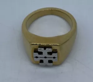 AUTH Tory Burch Gold New Block T-Logo Brass Silver Ring SZ 7 - Picture 1 of 4