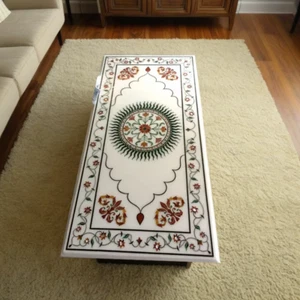 48"x24" White Rectangle Marble Dining Table Carnelian Stone Inlay Marquetry Deco - Picture 1 of 11