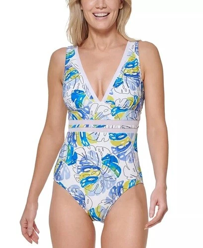 Tommy Hilfiger MULTI Printed Mesh Inset Plunge One-Piece Swimsuit, US 6 - Image 1 of 1