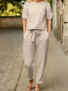Womens 2 Piece Outfits Linen Matching Set Short Sleeve T Shirts & Capri Pants a - Picture 1 of 9