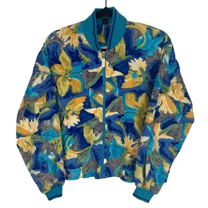 Vintage Floral Patterned Blue Short Bomber Jacket Women's Size Small S - Picture 1 of 10