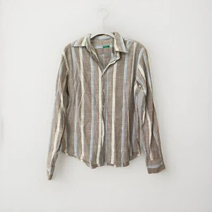 Men's Size M Made in Italy Of BENETTON Taupe Blue Long Sleeve Button Down Shirt - Picture 1 of 6