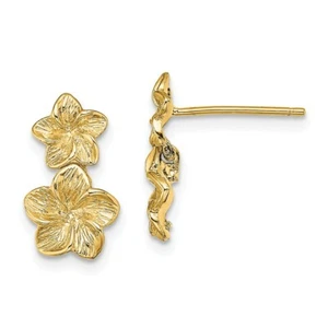 14k 14kt Yellow Gold Double Plumeria Flower Post Dangle Earrings 13.5 mm X 8 mm - Picture 1 of 3