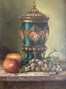 FN, älteres, Original Ölgemälde, signiert / Silleben Deckelvase und Weintrauben - Bild 1 von 7