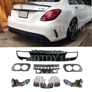 C43 Rear Diffuser Black Exhaust Tips for Mercedes C W205 AMG Bumper Sedan 15-20 - Bild 1 von 1