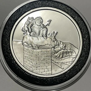 Merry Christmas Santa Down The Chimney Coin 1 Troy Oz .999 Fine Silver Round 999 - Picture 1 of 14