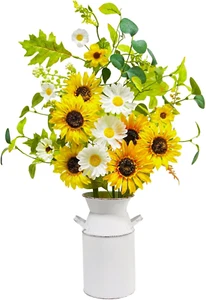 23.5" Faux Flowers in Vase, Silk Sunflower Artificial Flowers with Metal Pot Fak - Picture 1 of 7
