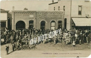 RPPC Photo Postcard LUTHER IOWA Street Scene POST OFFICE BANK Holiday BAND 1910 - Picture 1 of 2