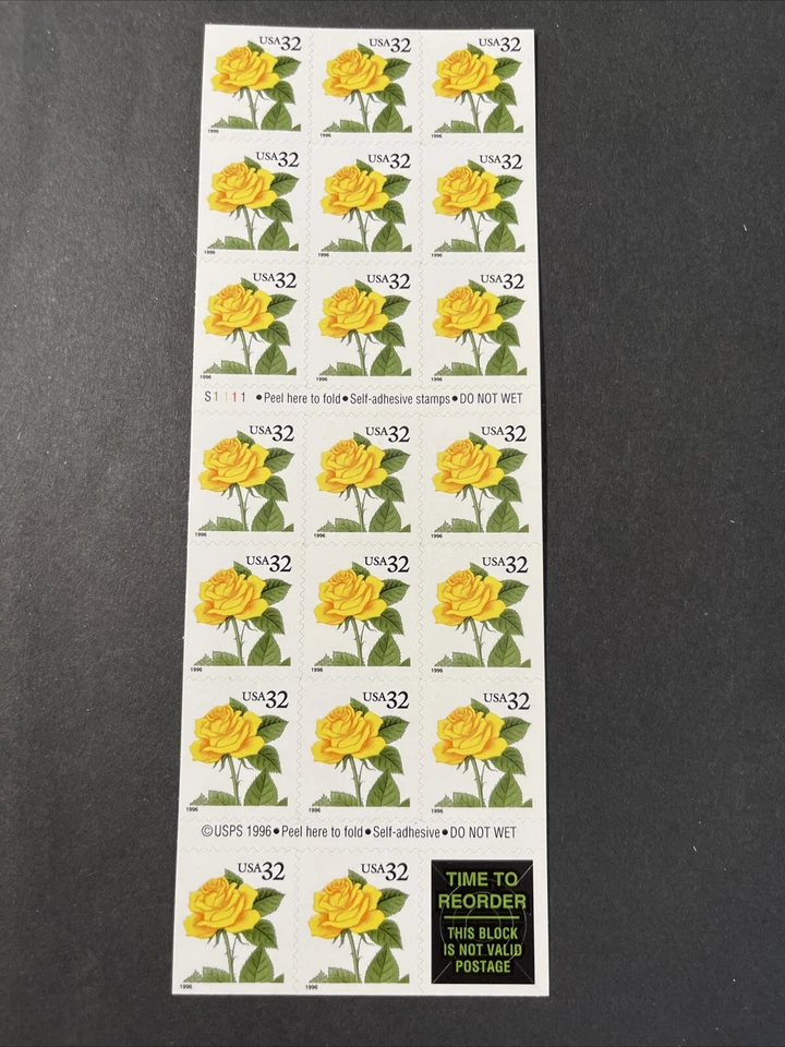 3049a YELLOW ROSE Pane of 20 US 32¢ Stamps MNH 1996 S1111 - Image 1 of 1