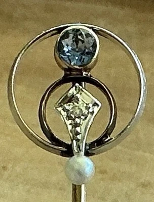 Art Deco Natural Sapphire 14KT Hallmark Cravat Pin Stickpin Platinum Diamond - Image 1 of 4