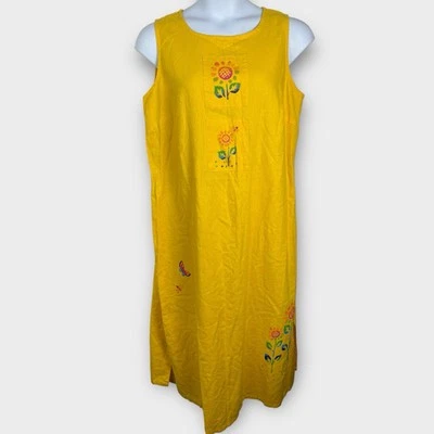 VTG Sag Harbor 18W Sleeveless Linen/Cotton Maxi Dress Beachy Yellow Floral Funky - Image 1 of 4