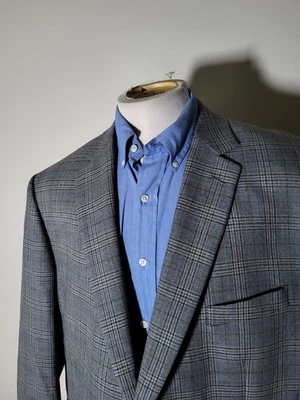 50L Pronto Uomo Gray Blue Glen Check Blazer Sport Coat jacket Wool Poly - Image 1 of 4