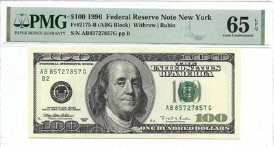 1996 $100 NEW YORK FRN. PMG GEM Uncirculated 65 EPQ Banknote. - Image 1 of 2