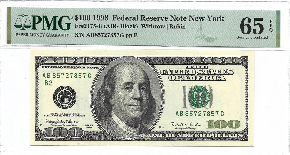 1996 $100 NEW YORK FRN. PMG GEM Uncirculated 65 EPQ Banknote. - Image 1 of 2