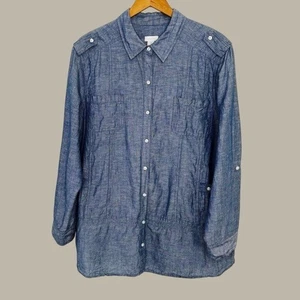 Chico’s Chambray Linen Blend Shirt Jacket Size 3 Peplum Utility Style Coastal - Picture 1 of 13