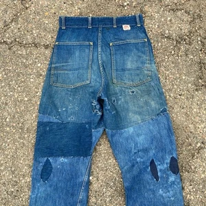 Vintage 1950s Headlight Mule Ear Jeans Distressed Patchwork Hand Repairs - Picture 1 of 6