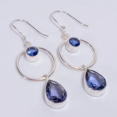 Pendientes étnicos de plata de ley 925 con piedra de tanzanita de iolita 2,2" KE-499 Q952 Foto 1 de 4