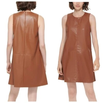 Calvin Klein Womens Faux Leather Mini Shift Dress Sz 14 in Brown - Image 1 of 4