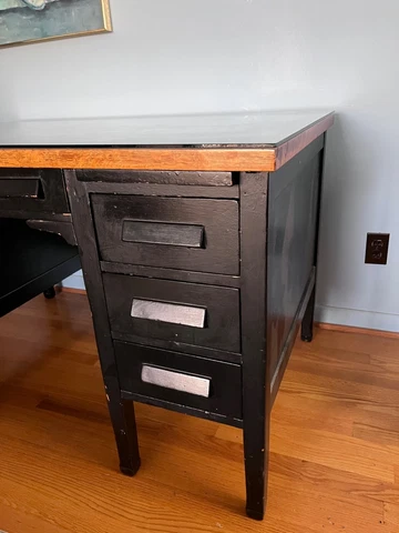 antique desk solid wood large format painted black w/ beveled glass tabletop Cover