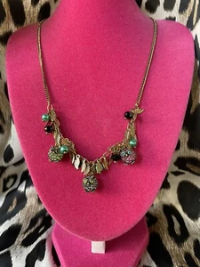 Betsey Johnson Crystal Tiny Owl Bird Gold Leaf Teal Pearl Shaky Necklace RARE - Bild 1 von 5