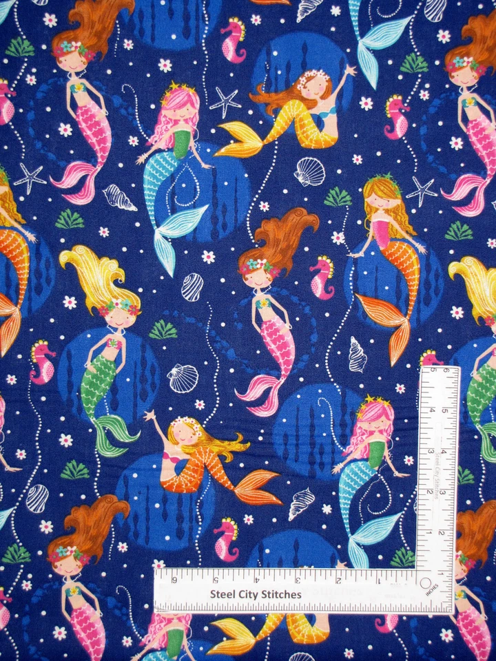 Mermaid Cotton Fabric Nautical Sea Mermaid Girls Bubbles 1 Yard Pop Brand