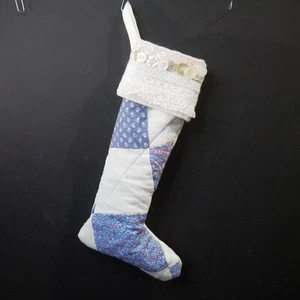 Handmade Patchwork Quilted Christmas Stocking Cottage Decor Small Buttons Blue - Picture 1 of 5