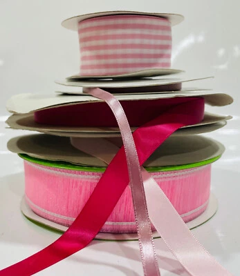 Ribbon Lot: 5 Partial Rolls of 5/8", 1/4", 1.5"  Widths Satin. Satins, Wired - Image 1 of 4