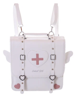 LB-6079-1 Weiß Herz Kreuz Engelsflügeln Pastel Goth 2in1 Rucksack Tasche Pu - Bild 1 von 4