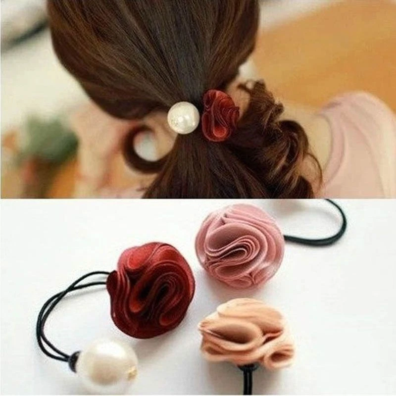 Simulated Pearl Hair Ties -Rose Flower Ponytail Holder Women Hair Accessory 2pcs - Image 1 of 4