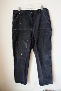 VTG DISTRESSED Carhartt B136 BLK Black Loose Double Knee Jean 36X34 Work Fade - Picture 1 of 5