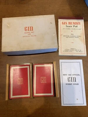 1943 Gin Rummy Set Box Wood Tray Playing Cards Score Sheets Rules Complete - Image 1 of 4