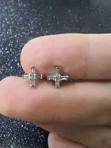 14K White Gold Diamond Baguette And Round Stud Earrings - Picture 1 of 5