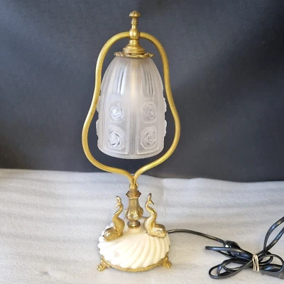 🔅 lampe bureau, chevet en bronze, laiton décor de dauphins - Photo 1/4