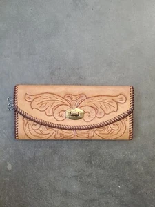VINTAGE 60's HAND  Carved TOOLED FLORAL Leather HIPPIE BoHo Wallet KATHY  - Picture 1 of 6