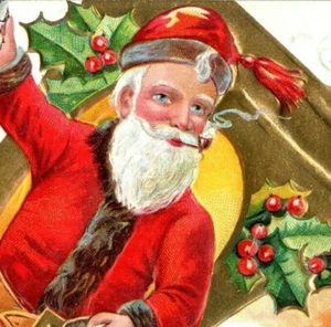 1910 Embossed Christmas Postcard Santa On A Bell Smoking A Pipe - Picture 1 of 3