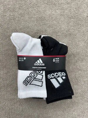 Adidas Black White 6 Pack Cushioned Crew Socks Youth Size 5-7Y - Image 1 of 2