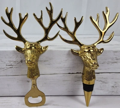 Deer/Reindeer w/Antlers, Faux Gold/Brass Bottle Opener/Bottle Stopper, Set of 2 - Imagem 1 de 4