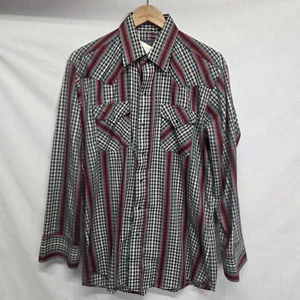 vtg Panhandle Slim Men's Shirt Size 16.5 34 Black Red Green Plaid Checked Snap - Picture 1 of 3