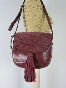 Fossil Emi Tassel Saddle Bag Crossbody Purse Wine Red Cow Hide Leather Brass Key - Picture 1 of 14