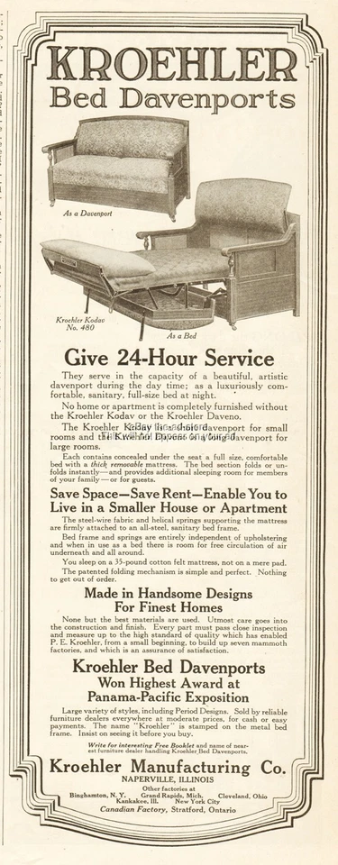 1917 Kroehler Furniture Co Naperville IL Couch Bed Davenport Kodav No 480 Ad - Image 1 of 1