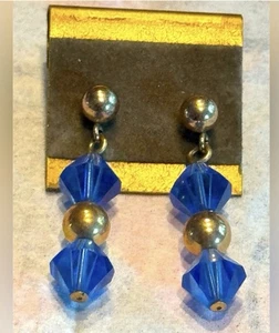 Blue Crystal dangle bead earrings w/ 14K Yellow Gold posts & backs - Picture 1 of 4