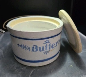 Antike 1800er Primitive Küche STEINZEUG KERAMIK SCHALE BLAU SLIP BUTTERDOSE - Bild 1 von 8
