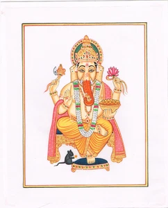 Pintura en miniatura india de Lord Ganesha hecha a mano arte sobre seda 7,5x9,5 - Imagen 1 de 8
